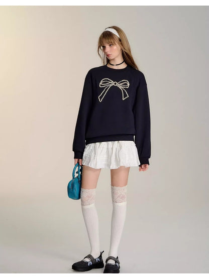 Gray &amp; Navy Blue Butterfly Knot Beaded Pullover Sweatshirt