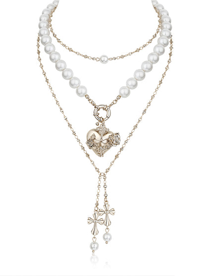 Layered Punk Heart Pearl Cross Long Necklace