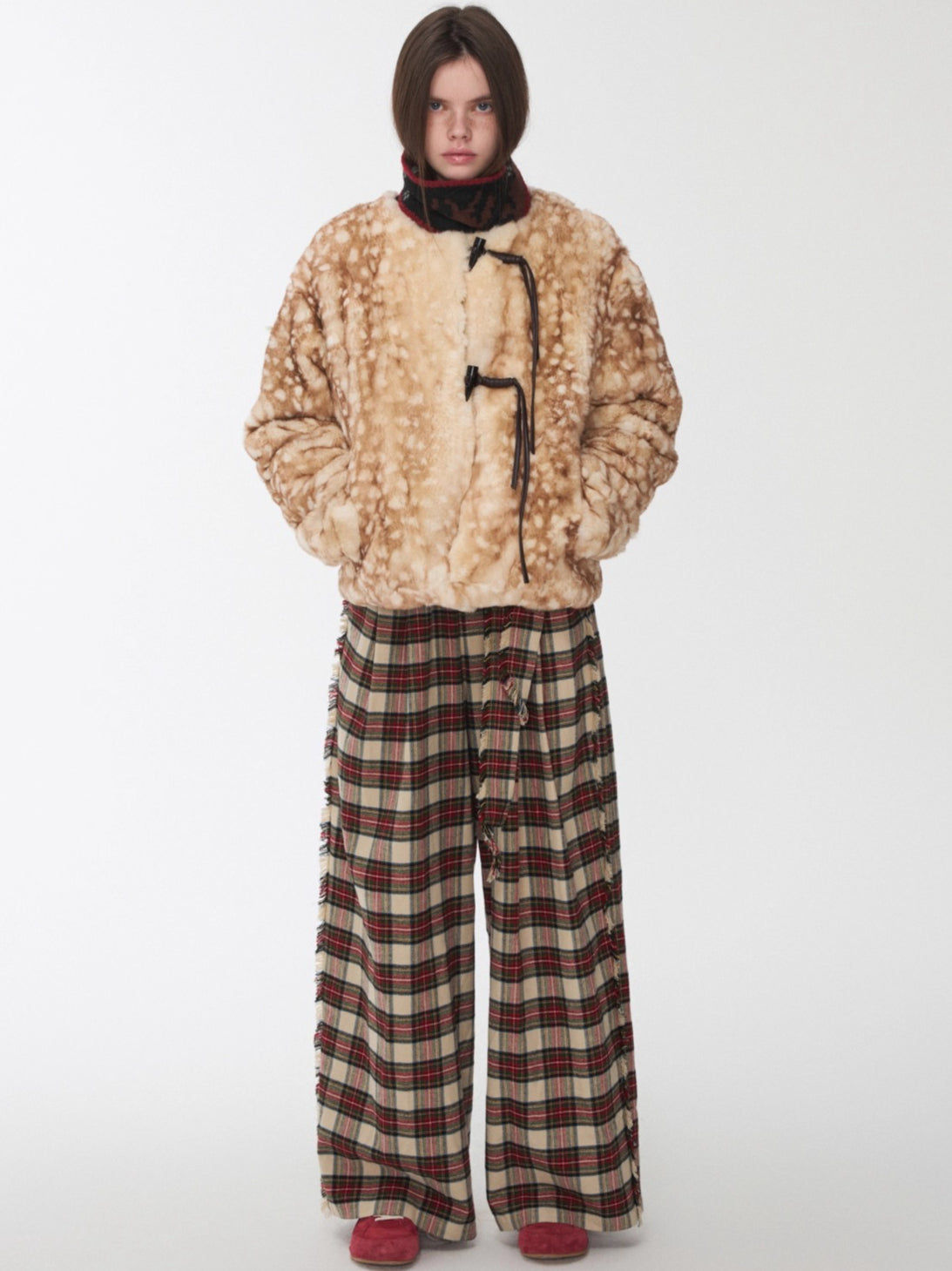 Vintage Red Plaid Brushed Cotton Wide-Leg Pants