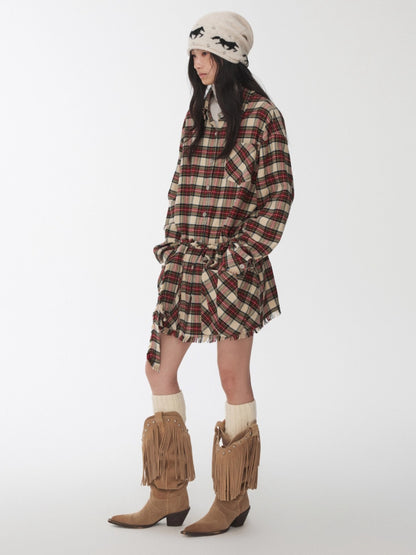 Vintage Red Plaid Frayed-Edge Utility Shirt Dress