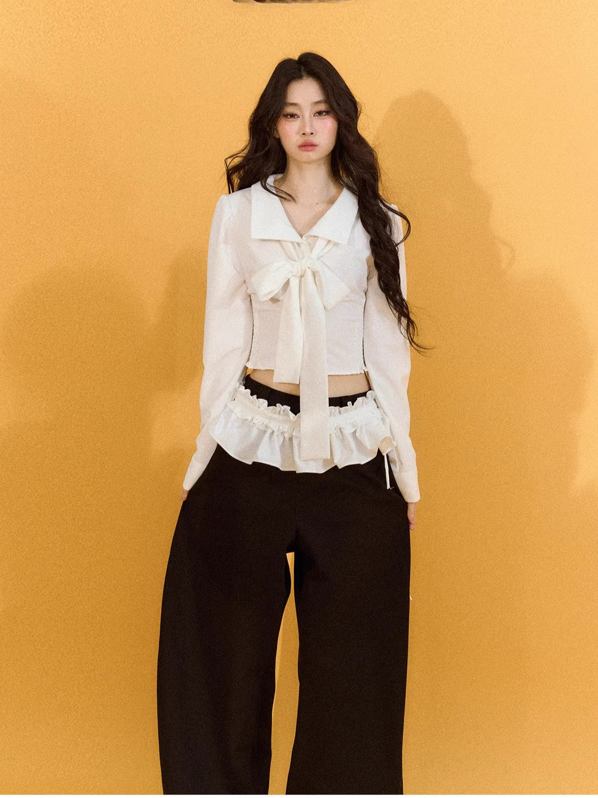 Butterfly Bow White Blouse &amp; Lace-Trim Straight Pants Set