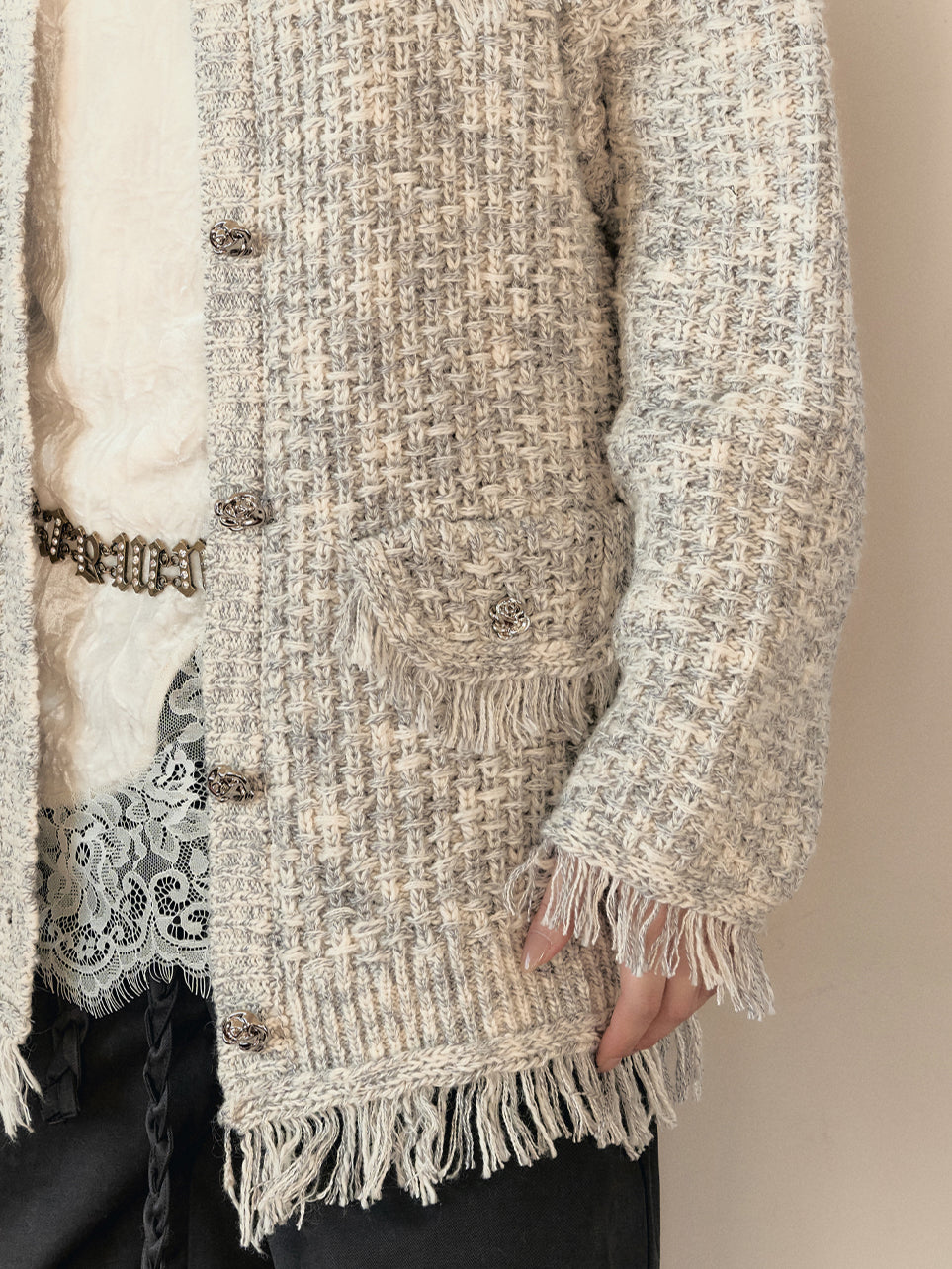 Frayed Edges Wool Mid-Length Knit Cardigan