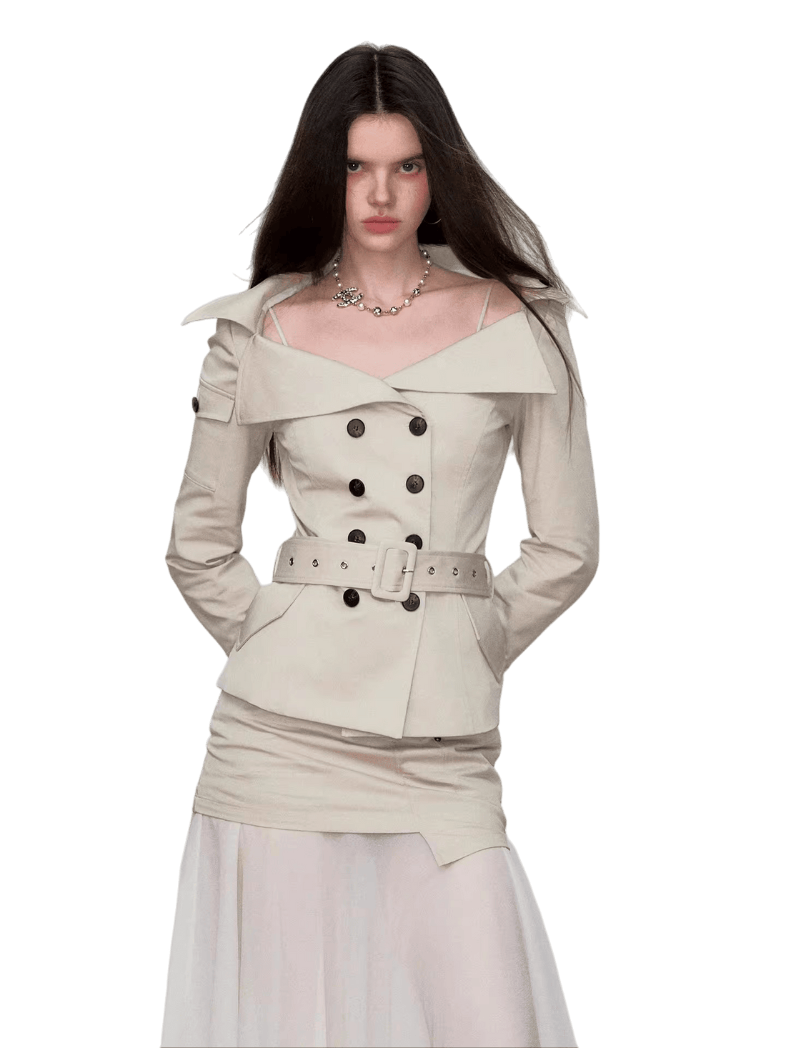 Off-Shoulder Belted Double-Breasted Blazer