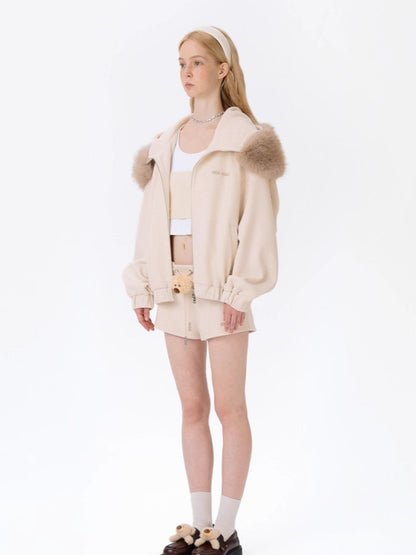 Detachable Plush Collar Hooded Jacket