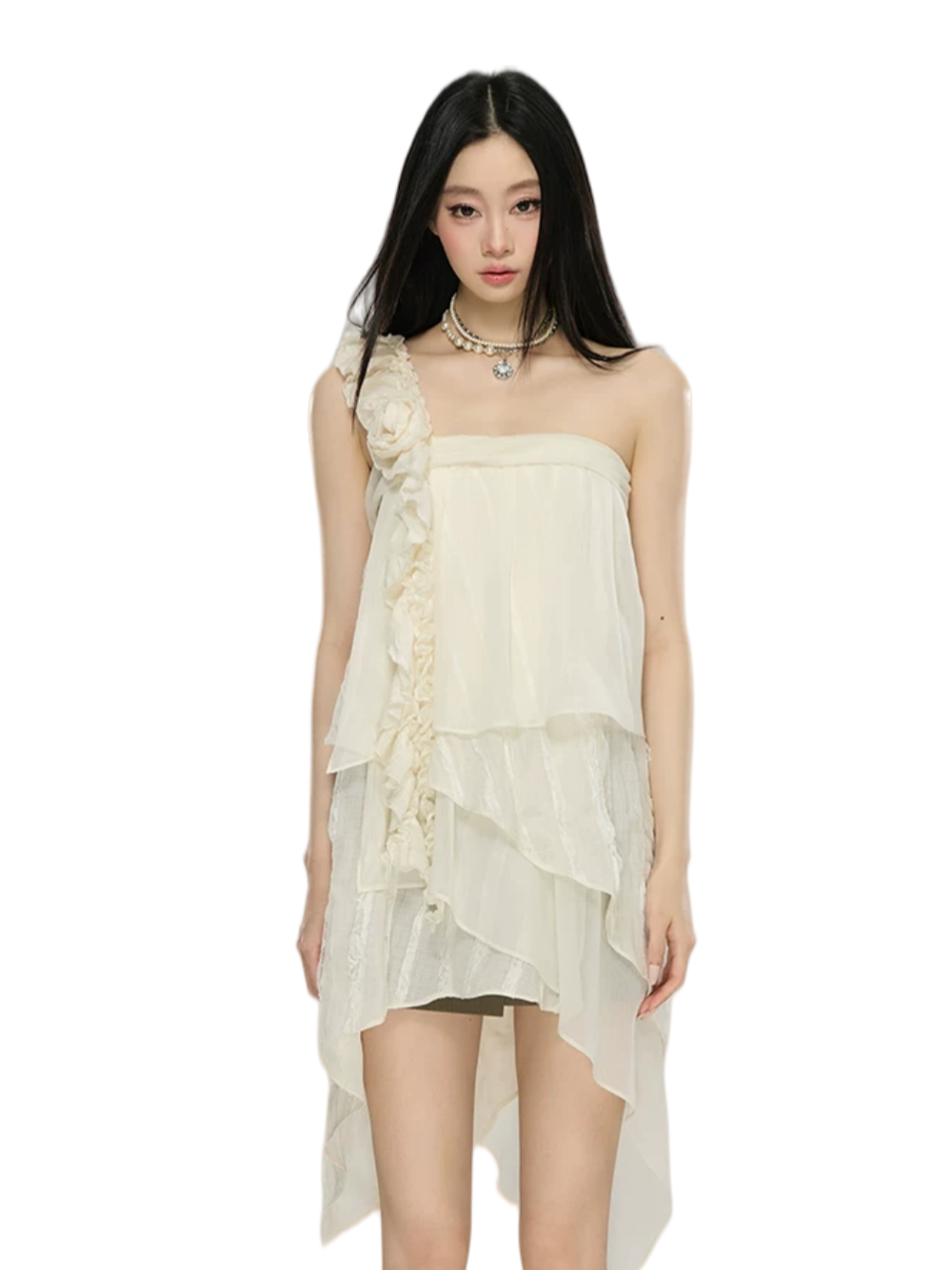 Asymmetric Ruffle Rose Detail Layered Dress
