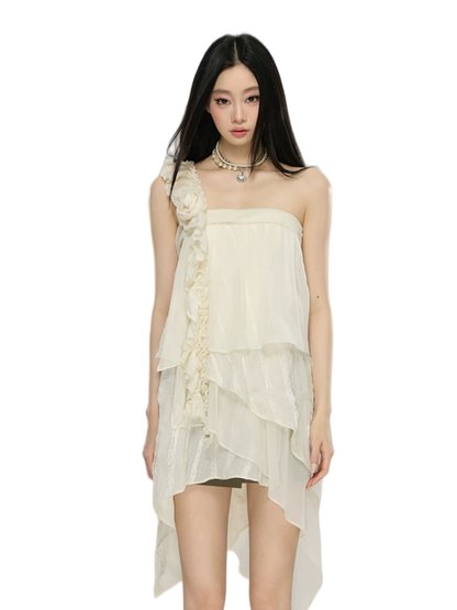 Asymmetric Ruffle Rose Detail Layered Dress