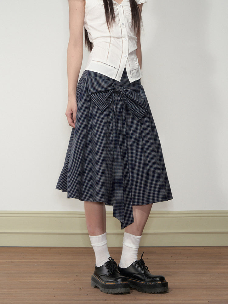 Checkered Bow A-line Midi Skirt