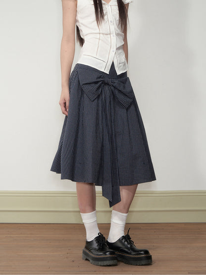 Checkered Bow A-line Midi Skirt