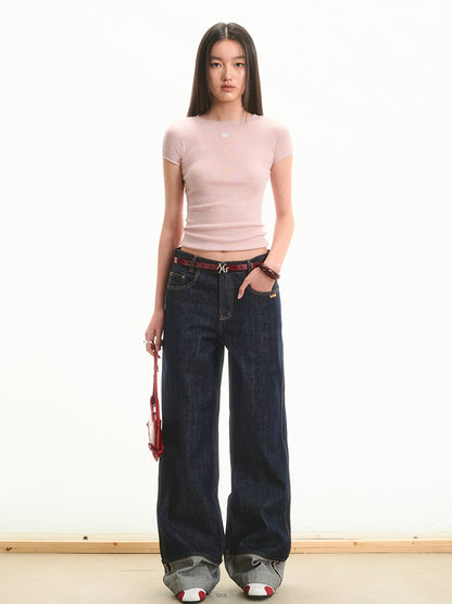 Cuffed Mid-Rise Straight-Leg Denim Jeans