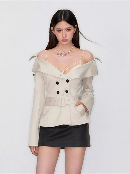 Off-Shoulder Belted Double-Breasted Blazer