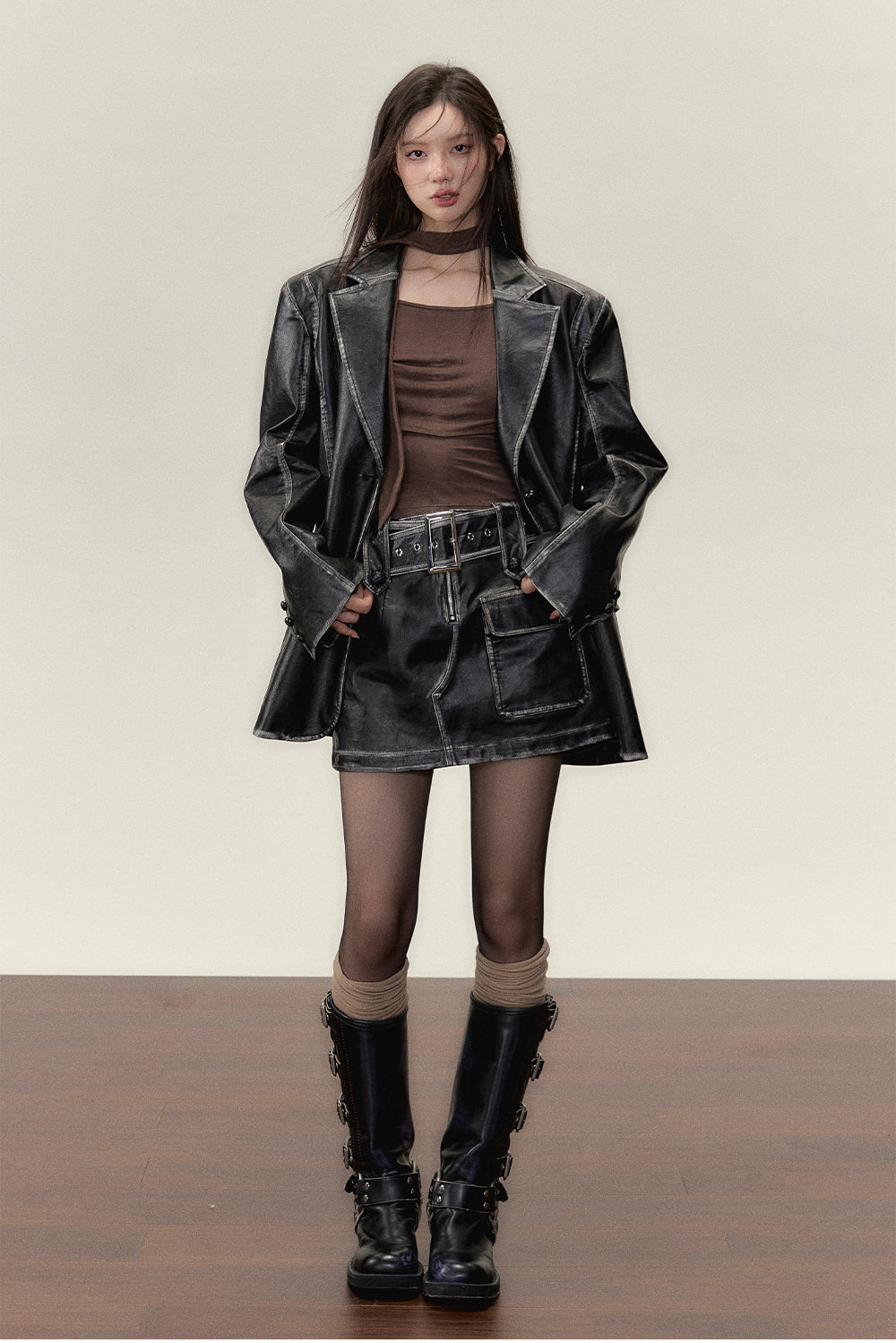 (Final Sale) Faux Leather Jacket &amp; Skirt Two-Piece Set - CHINASQUAD