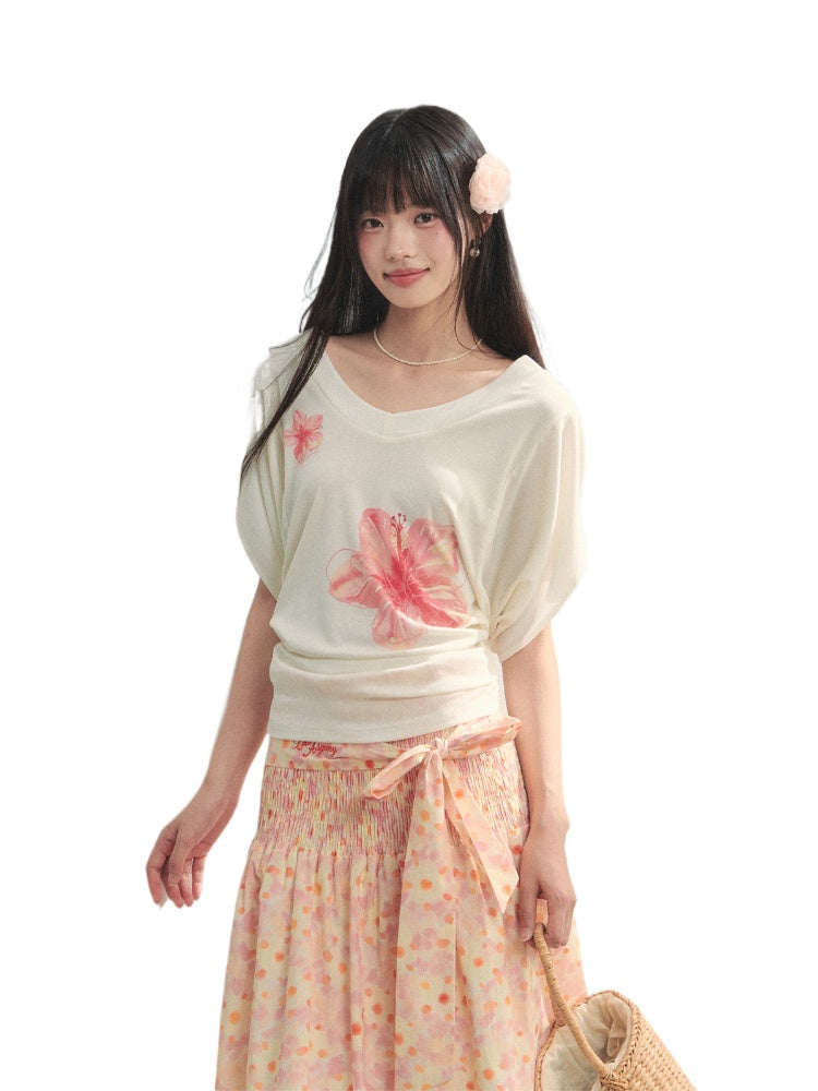 Floral V-Neck Bat-Sleeve T-Shirt - CHINASQUAD
