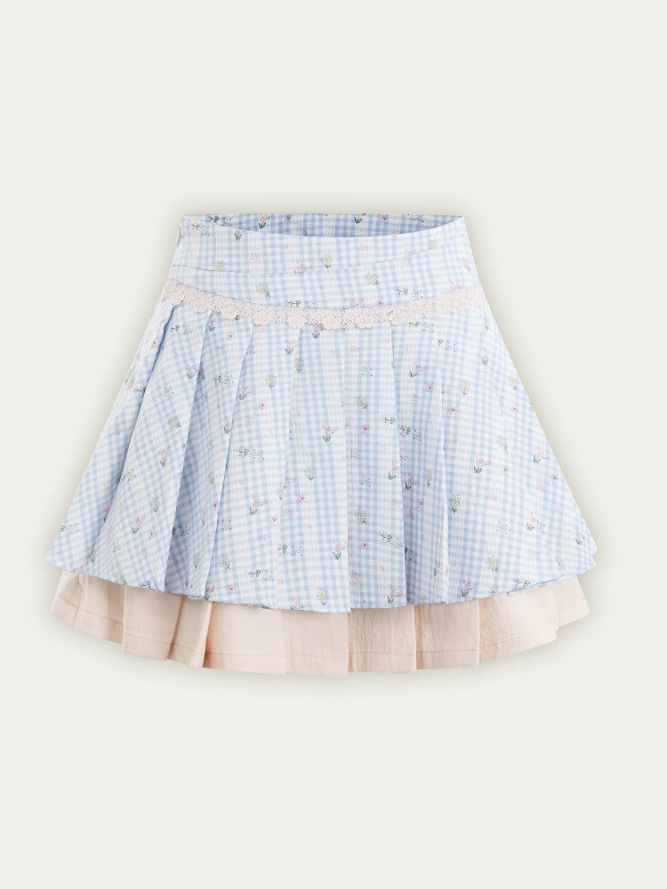 Blue Floral Contrast Check Shirt &amp; Skirt Set - CHINASQUAD