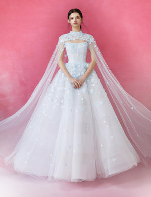 Celestial Blue Floral Appliqué Tulle Ball Gown with Sheer Cape