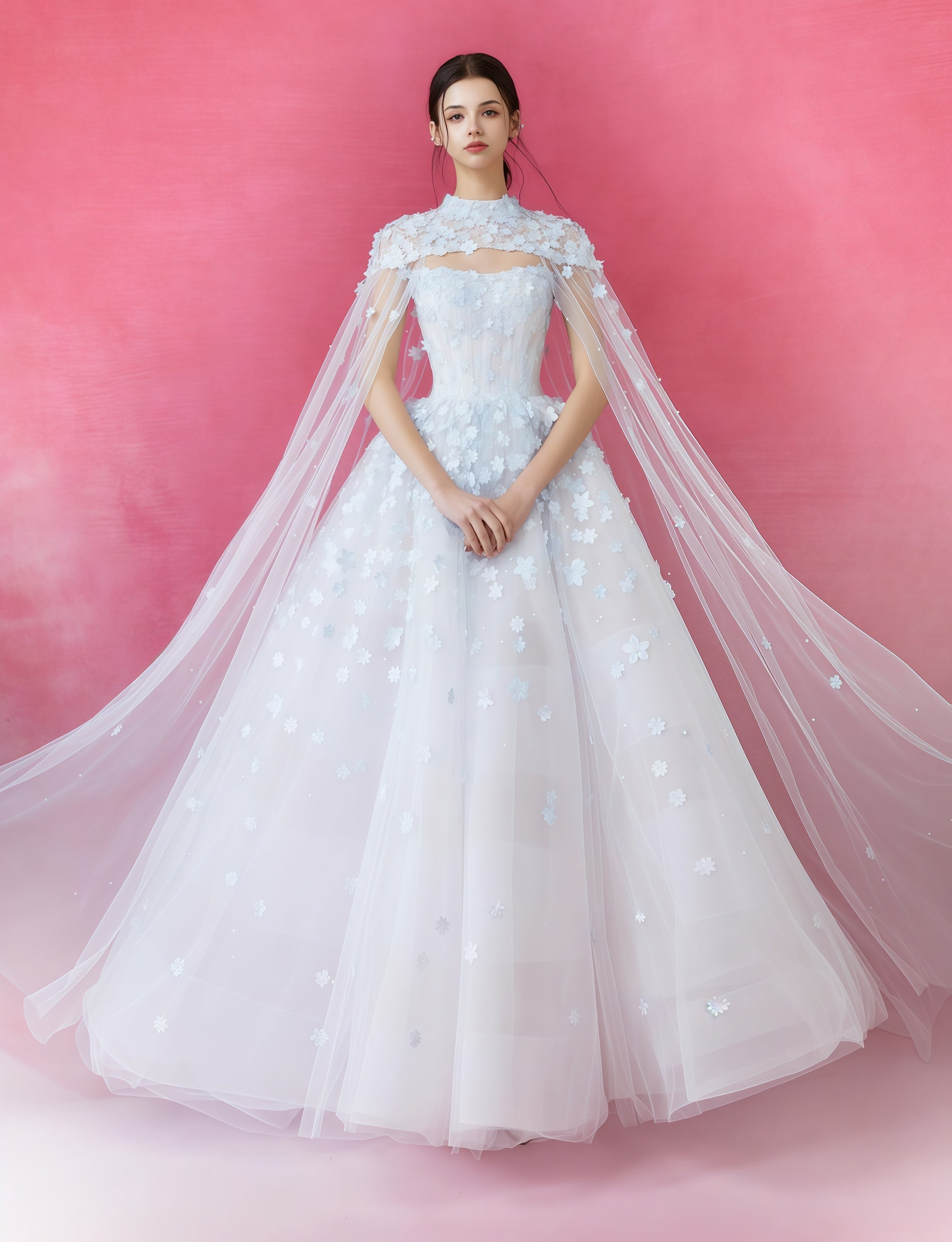 Celestial Blue Floral Appliqué Tulle Ball Gown with Sheer Cape