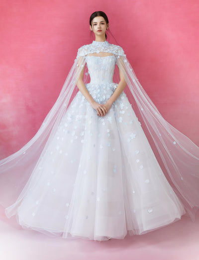 Celestial Blue Floral Appliqué Tulle Ball Gown with Sheer Cape
