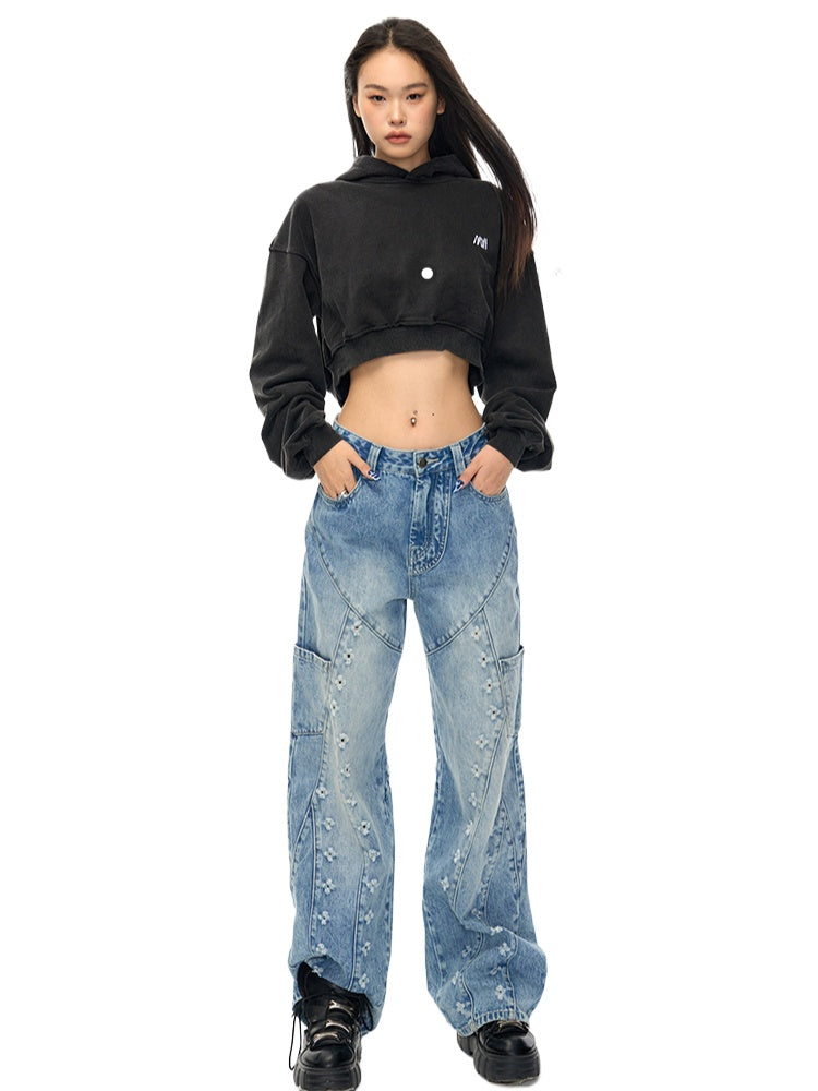 Distressed Wash Straight Jeans