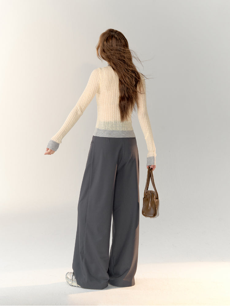 Lace Spliced High-Waisted Straight-Leg Wide Pants