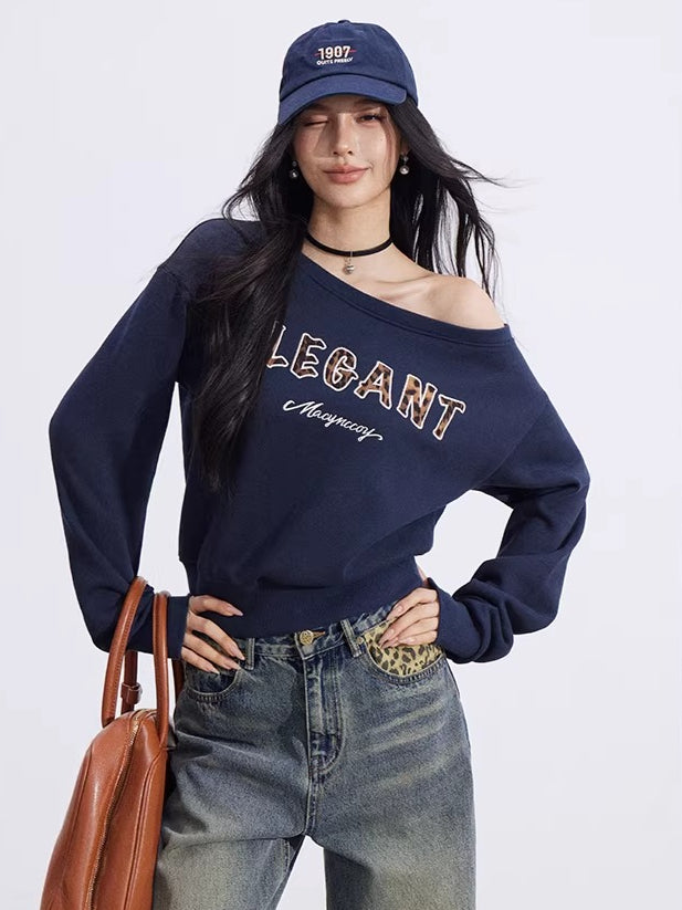 Off-Shoulder Letter-Print Cropped Sweatshirt