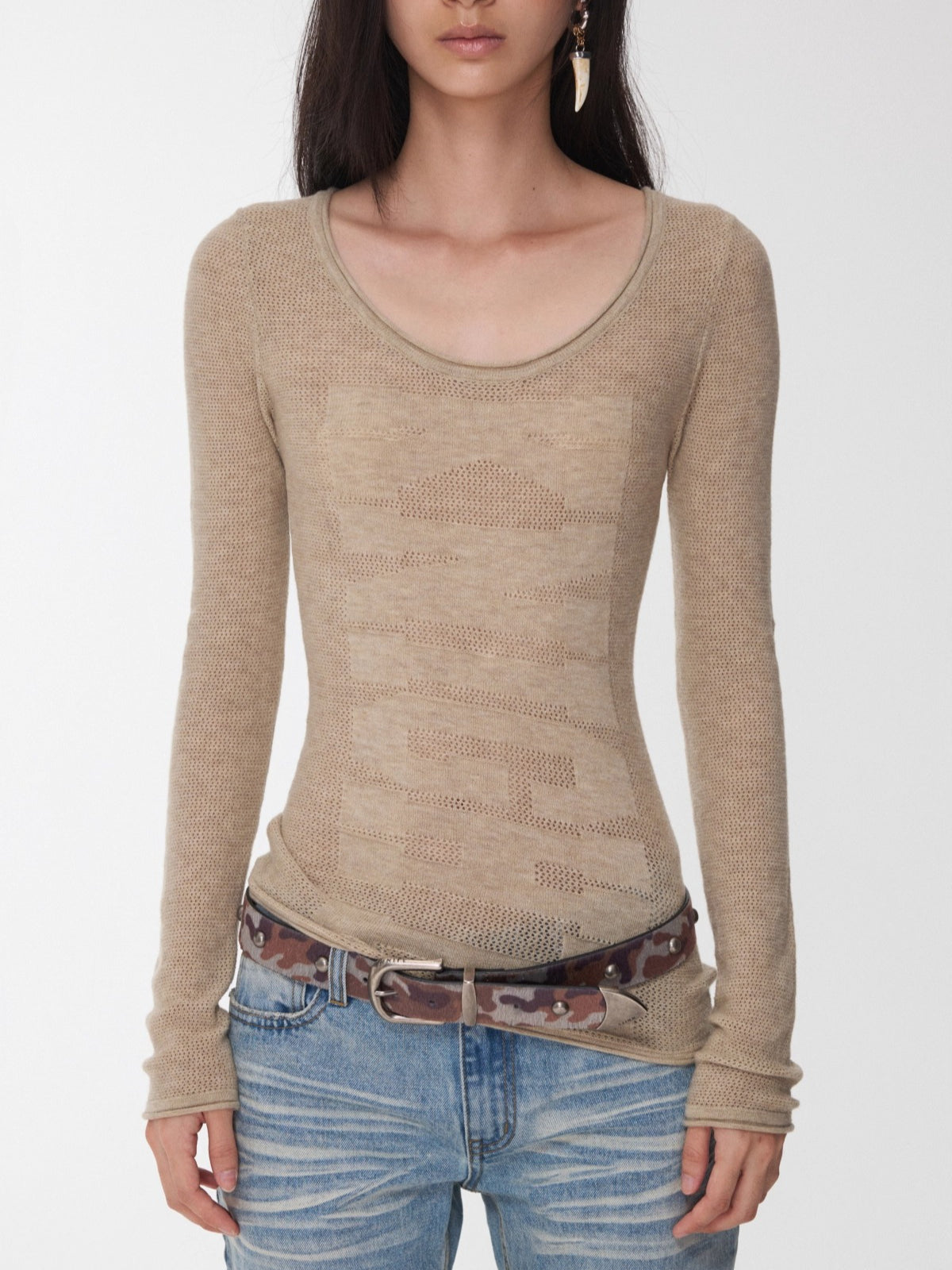Textured Jacquard Knit Round-Neck Sweater