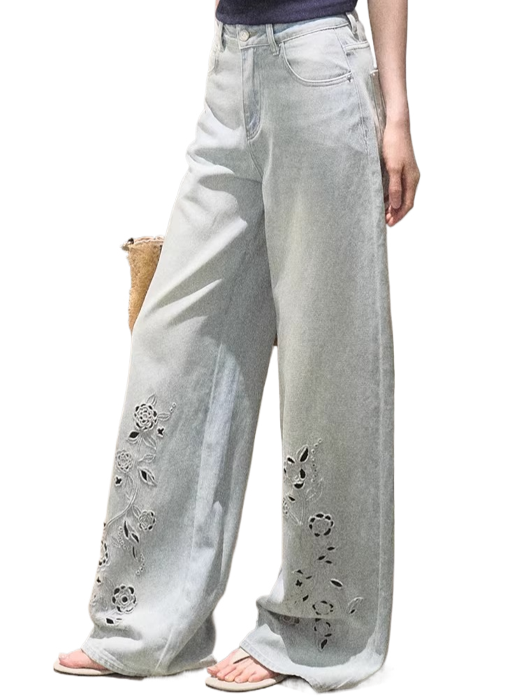 Bohemian Cut-Out Embroidered Wide-Leg Denim Trousers