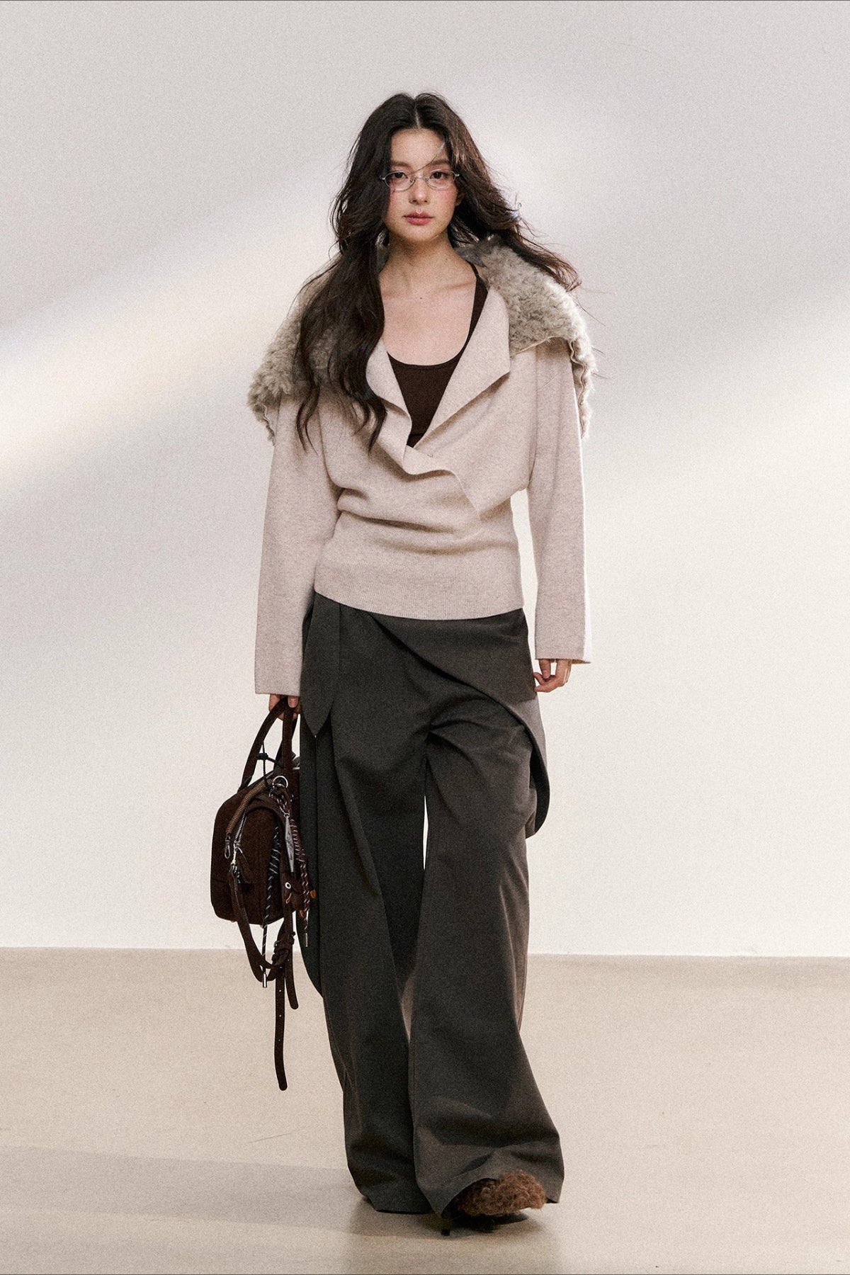Gray Drape Wide-Leg Asymmetric Trousers