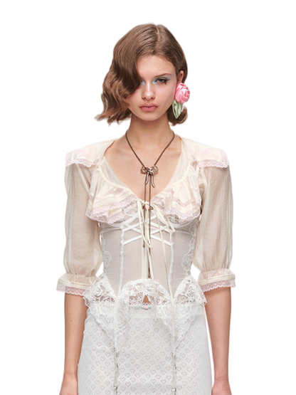 Contrast Ruffle Sailor Collar Chiffon Cropped Cardigan 1Jinn Studio