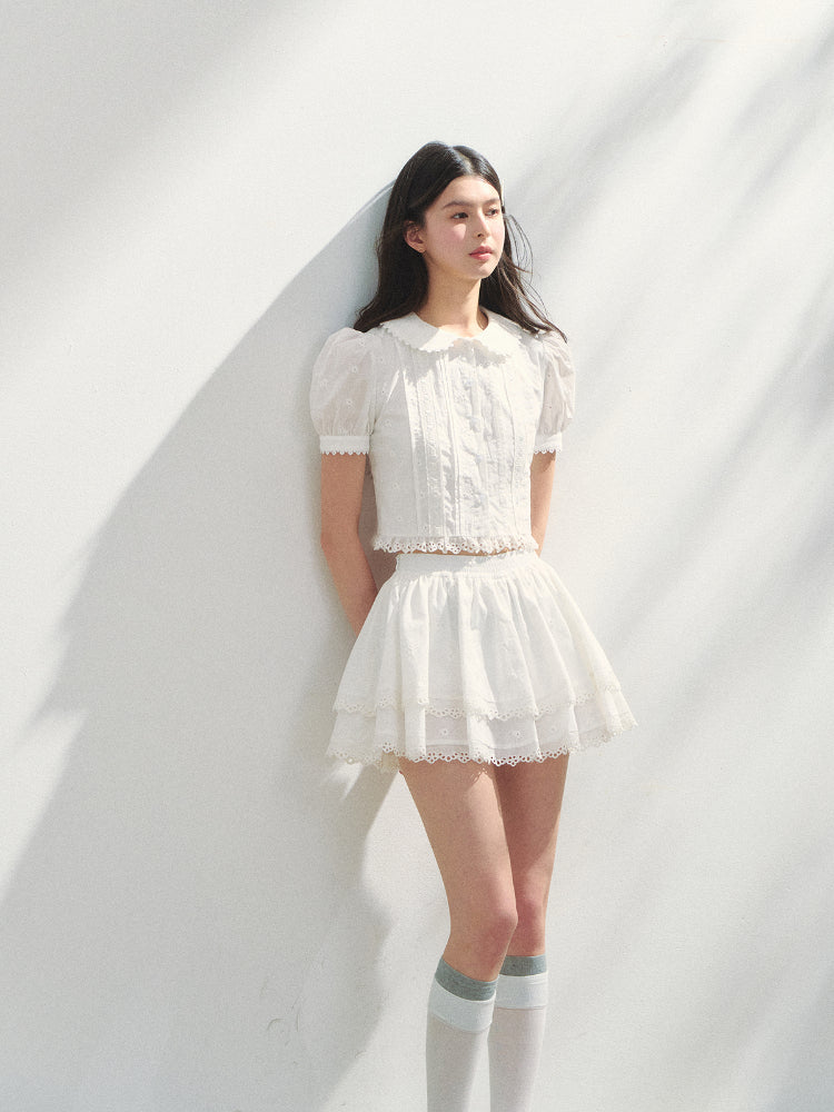 White Cotton Embroidered Shirt &amp; Skirt Set