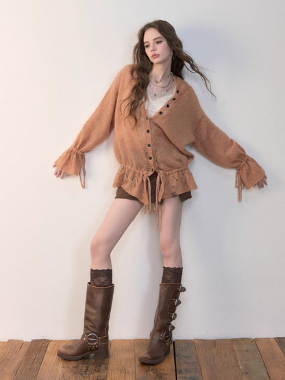 Drawstring Openwork Wool Knit Cardigan