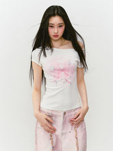 Printed Rhinestone Asymmetric Shoulder T-shirt - CHINASQUAD
