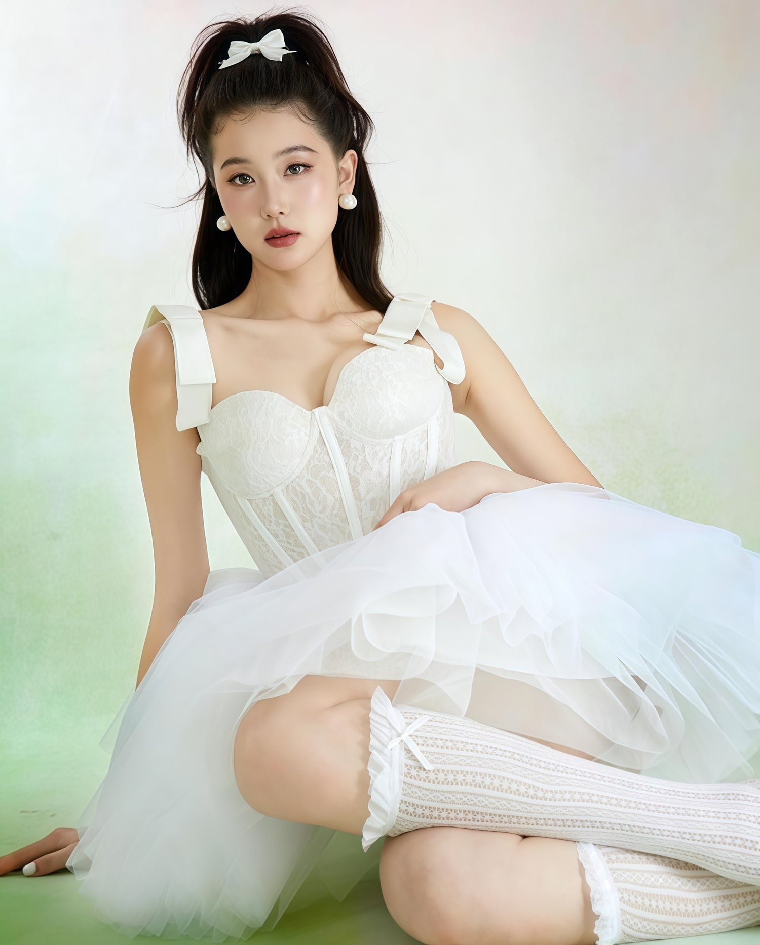 Ivory Bow Strap Corset Tulle Mini Dress
