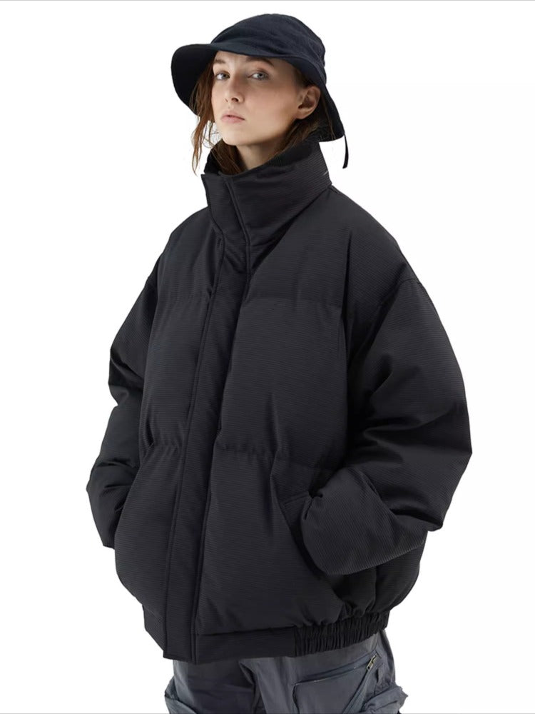 Textured Stripe-Panel Oversized Winter Puffer Jacket