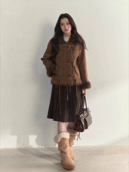 Oak Brown Suede Embroidered Shearling Jacket