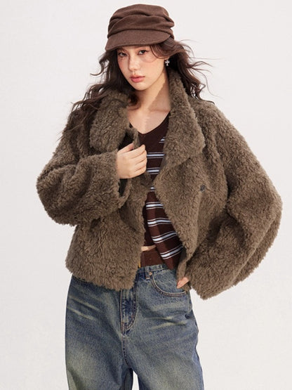 Shearling-Trim Stand-Collar Cropped Jacket