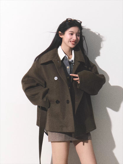 Waist-Defining Silhouette Stand-Collar Wool Coat