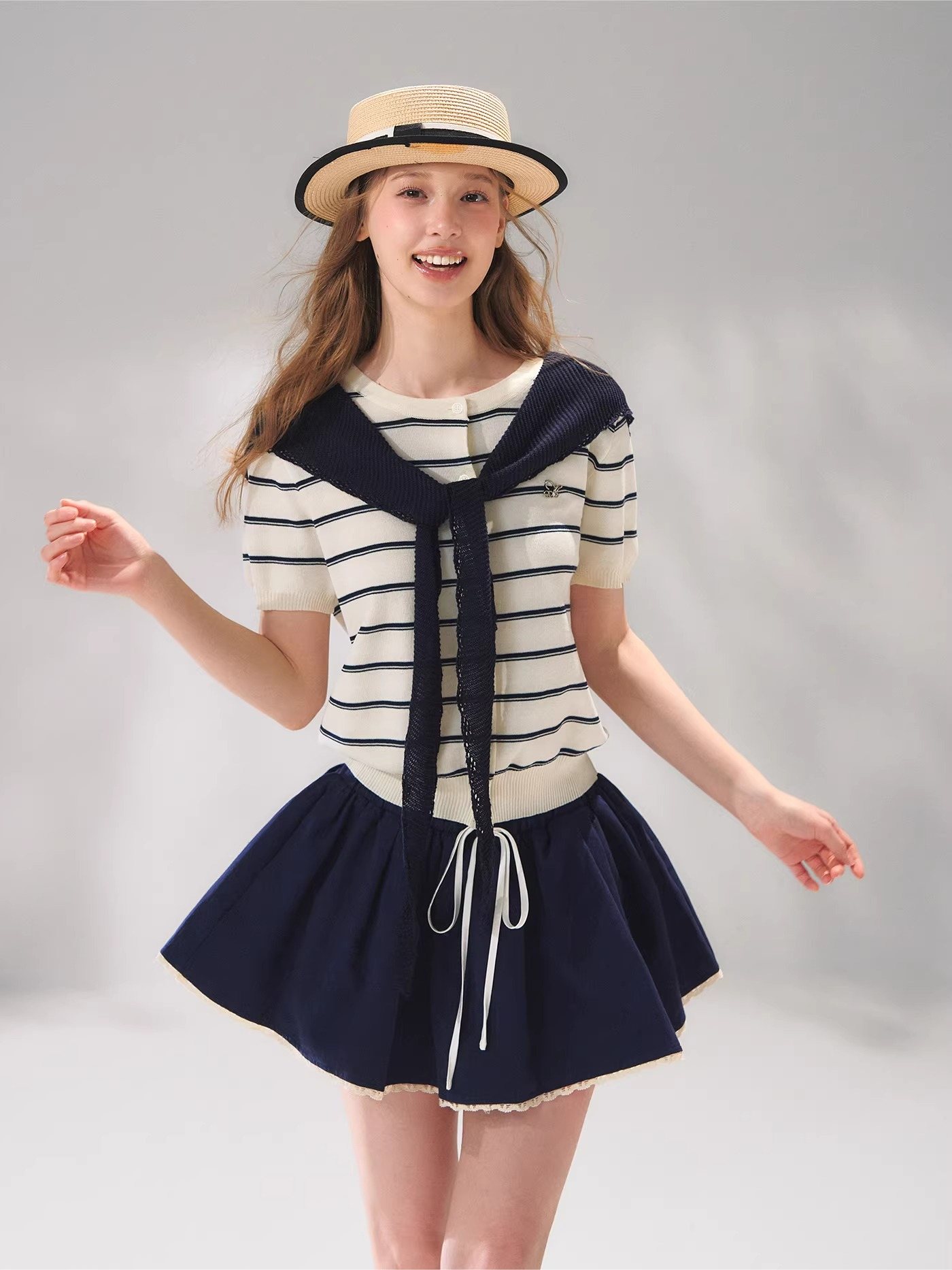 Sailor Tie-Detail Striped Knit Short Sleeve Top