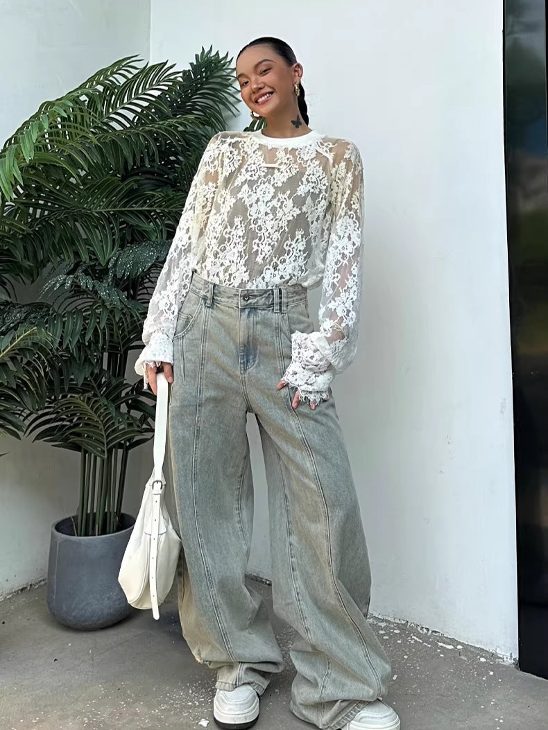 Washed Wide-Leg Denim Pants