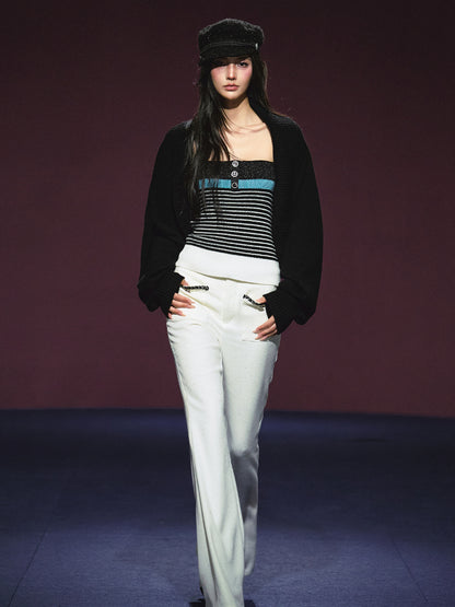 Colorblock Bustier Top &amp; Relaxed Wool-Blend Knit Cardigan Set - CHINASQUAD