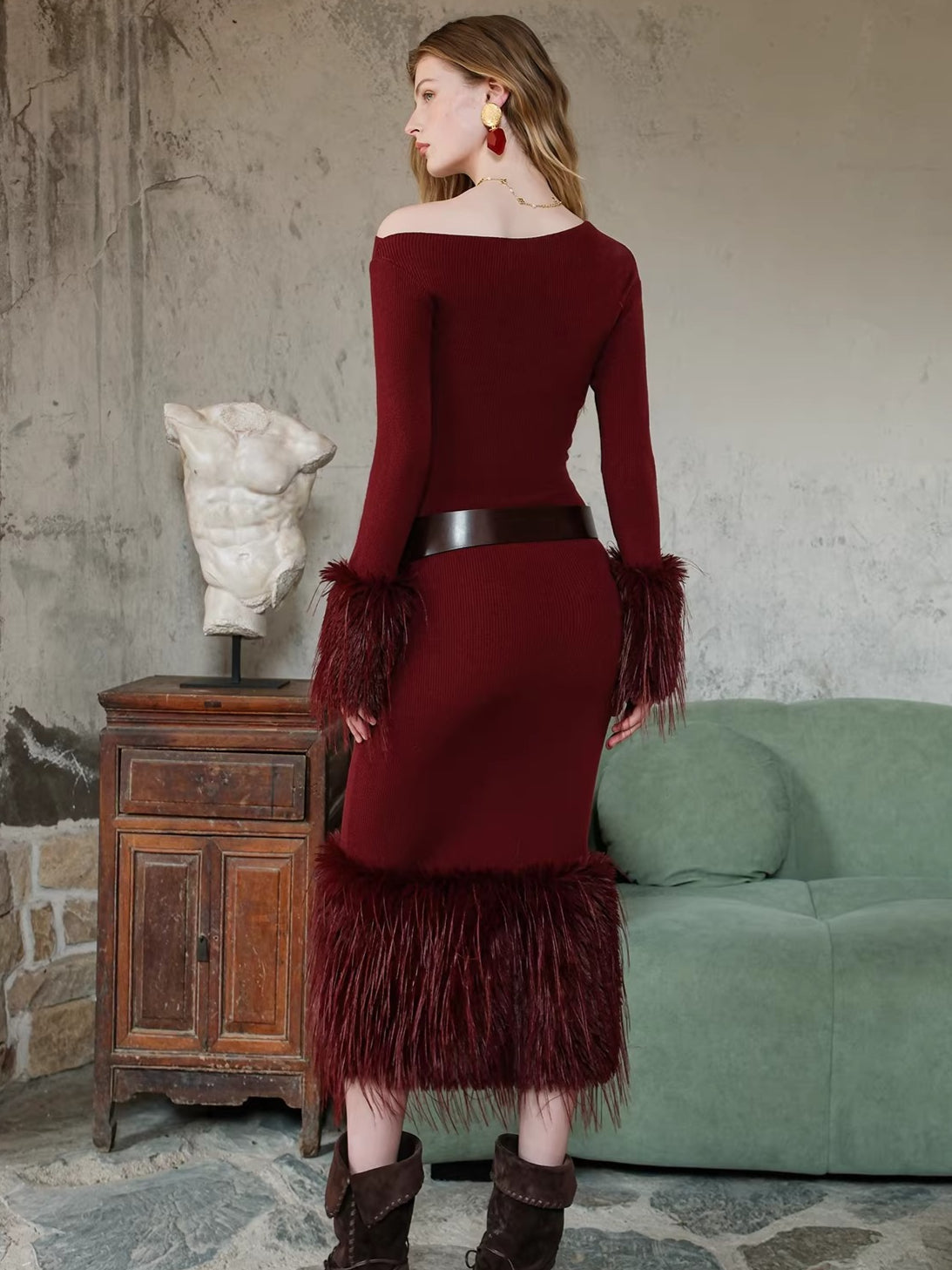 Vintage Off-Shoulder Knit Maxi Dress