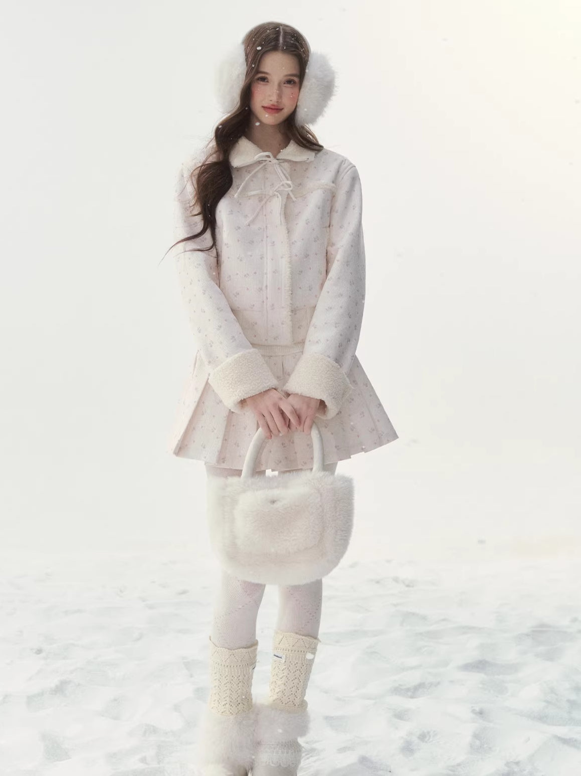 Shearling Patchwork Jacket Pleated Skirt Set