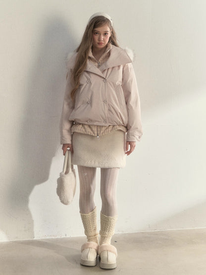 Khaki &amp; Pink Double-Breasted Layered Down Jacket