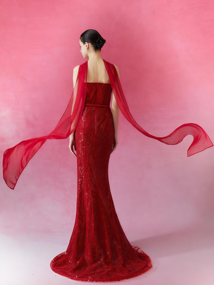 Crimson Embroidered Off-Shoulder Mermaid Gown with Sheer Flared Sleeves
