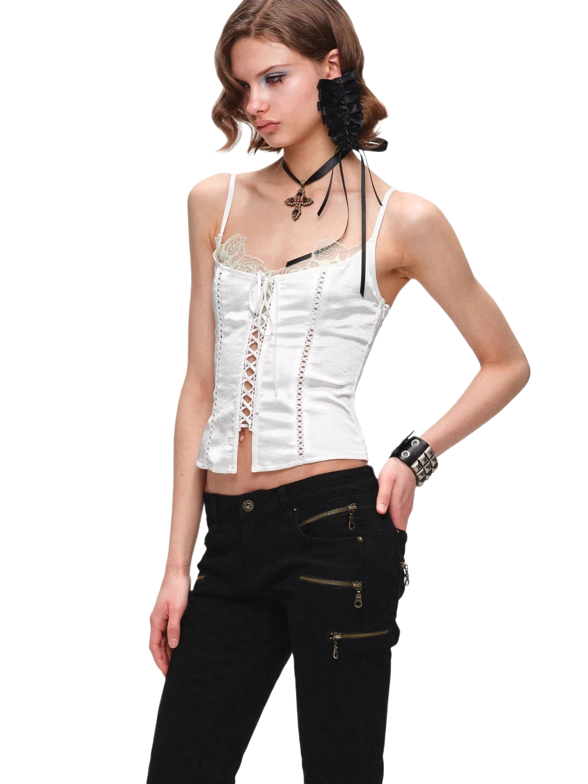 Lace-Panel Faux Layered Satin Corset