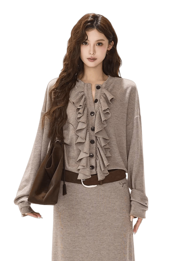 Ruffle-Trim Batwing-Sleeve Knit Crewneck