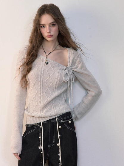 Asymmetrical Tie-Neck Cable Knit Sweater