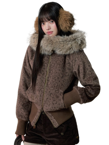 Vintage Leopard Print Faux Fur Hooded Jacket