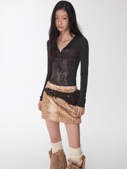 Vintage Deer Print Faux Fur Skirt