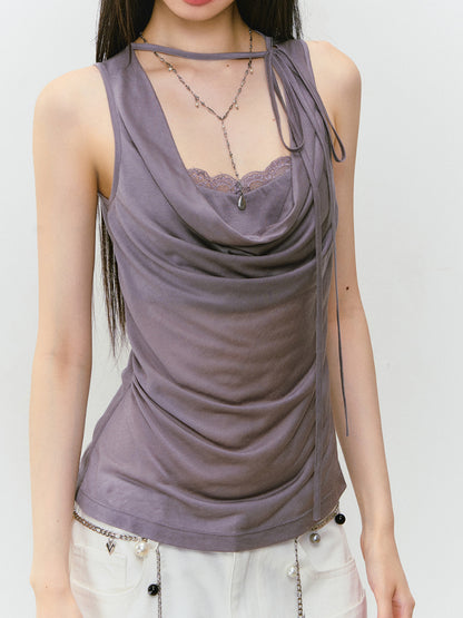 Fake Two-piece Spliced Lace Swing-neck Tank Top - CHINASQUAD