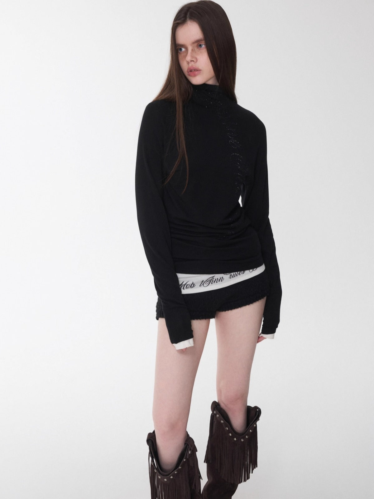 Rhinestone High-Neck Raglan Knit T-Shirt