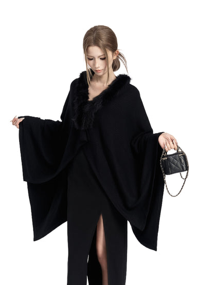 Asymmetric Cable-Knit Draped Cardigan Cape